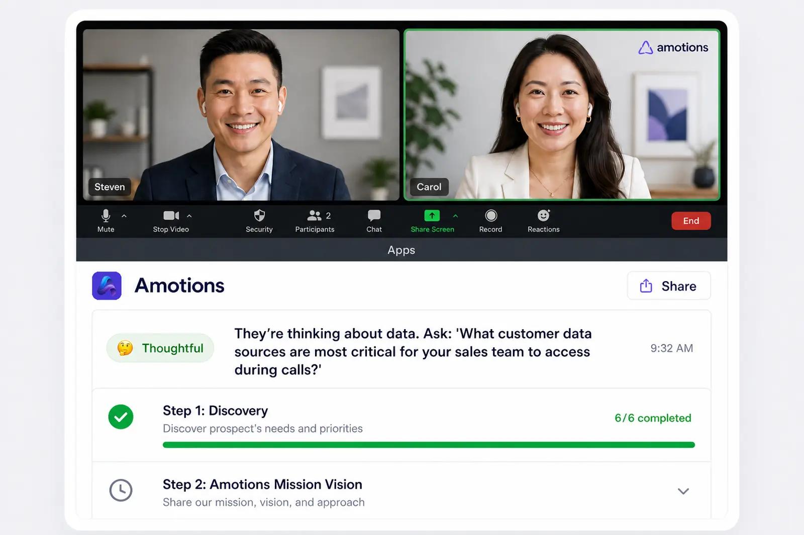 Real-time Amotions coaching overlay helping a seller during a live video call