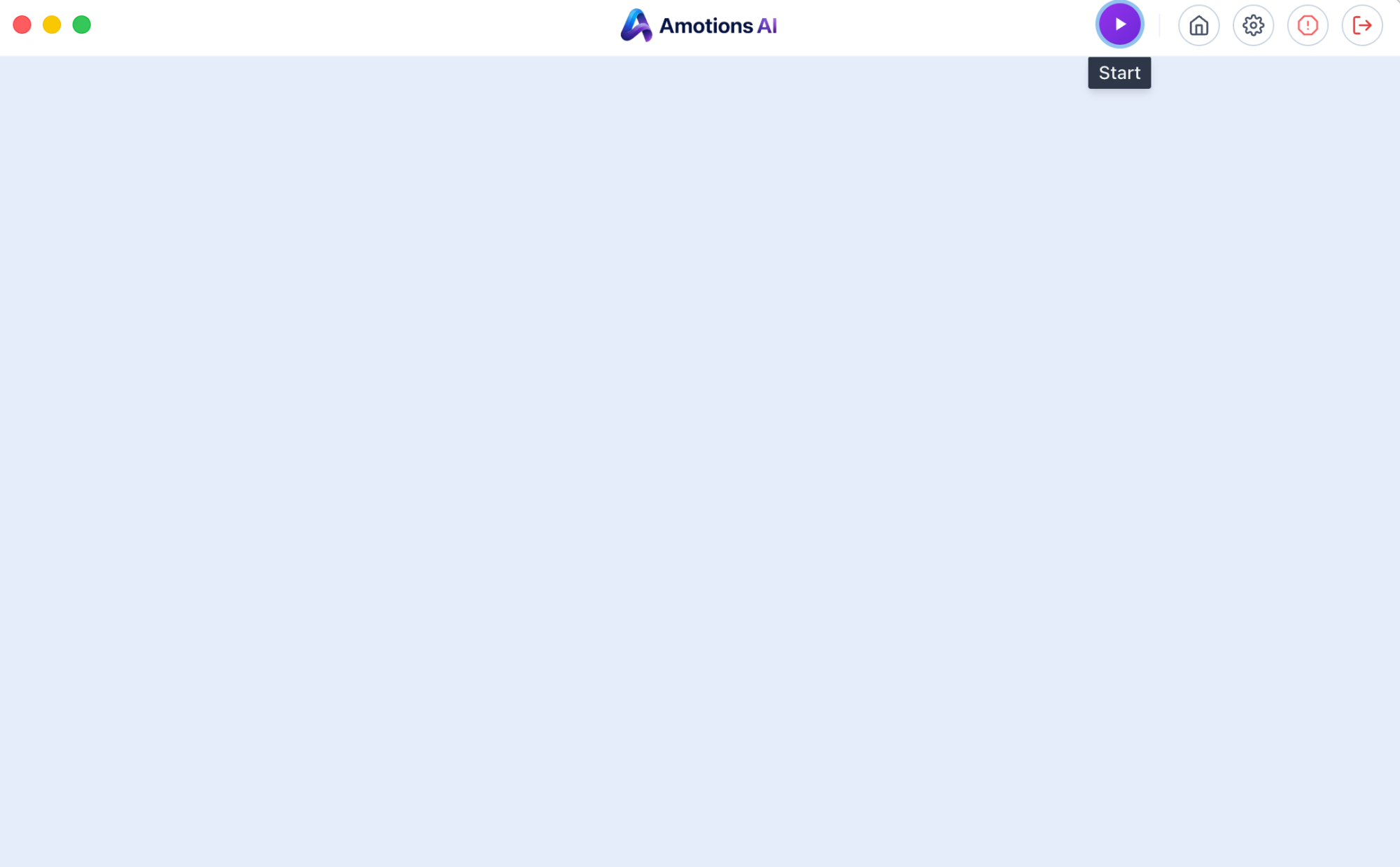 Amotions AI desktop app toolbar showing the purple triangle Start button in the top-right