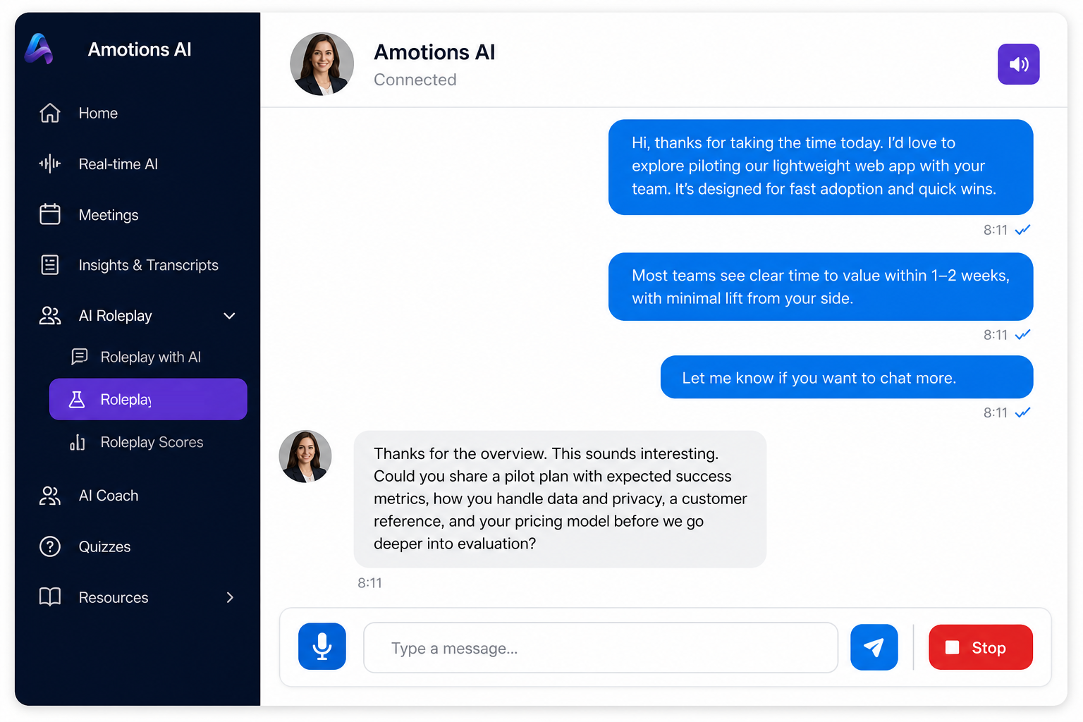 AI Roleplay conversation interface